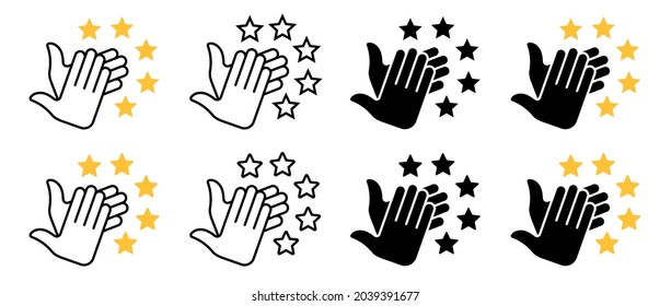 Applause flat icon set. Human clapping hands with stars. Quality rating symbol, voting rating. Vector elements