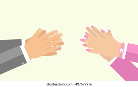 Applause gesture by man and woman. Vector illustration for appreciation sign in flat style. Hand clasping both male female, cheer expression