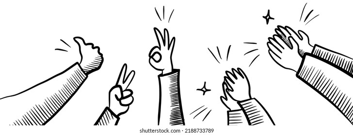 Applause hand draw, doodle clapping ovation. thumbs up gesture isolated on white background , vector illustration.