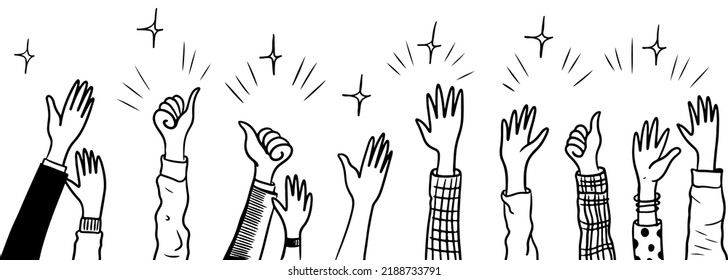 Applause hand draw, doodle clapping ovation. thumbs up gesture isolated on white background.
