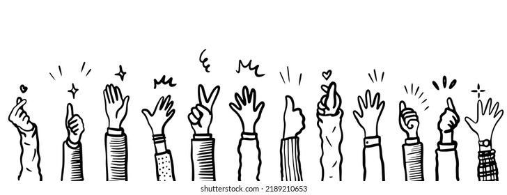 Applause hand draw, doodle clapping ovation. thumbs up gesture isolated on white background , vector illustration.