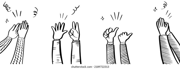 Applause hand draw, doodle clapping ovation. thumbs up gesture isolated on white background , vector illustration.