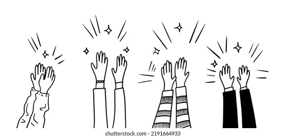 Applause hand draw, doodle clapping ovation. thumbs up gesture isolated on white background , vector illustration.