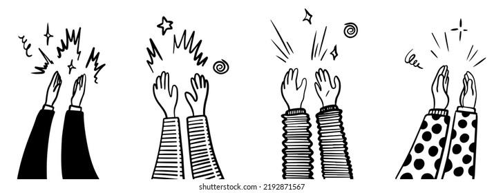 Applause hand draw, doodle clapping ovation. thumbs up gesture isolated on white background , vector illustration.