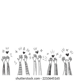 Applause hand draw, doodle clapping ovation. thumbs up gesture isolated on white background , vector illustration.