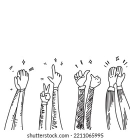 Applause hand draw, doodle clapping ovation. thumbs up gesture isolated on white background , vector illustration.