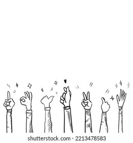 Aplausos dibujar a mano, garabatos aplaudiendo ovación. gesto hacia arriba aislado en fondo blanco , ilustración vectorial.