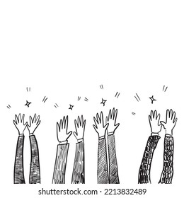 Applause hand draw, doodle clapping ovation. thumbs up gesture isolated on white background , vector illustration.