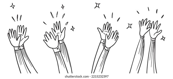 Applause hand draw, doodle clapping ovation. thumbs up gesture isolated on white background , vector illustration.