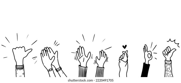 Applause hand draw, doodle clapping ovation. thumbs up gesture isolated on white background , vector illustration.