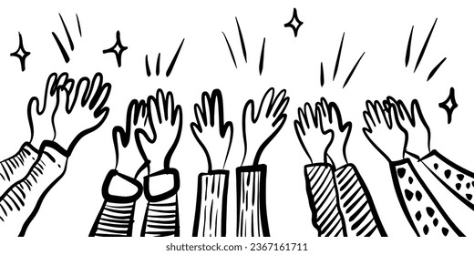 Applause hand draw, doodle clapping ovation. thumbs up gesture isolated on white background , vector illustration.