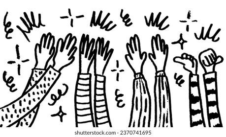 Applause hand draw, doodle clapping ovation. thumbs up gesture isolated on white background , vector illustration.