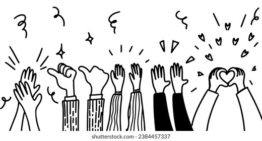 Applause hand draw, doodle clapping ovation. thumbs up gesture isolated on white background , vector illustration.