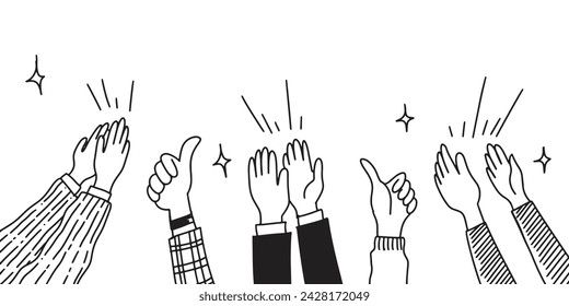 Applause hand draw, doodle clapping ovation. thumbs up gesture isolated on white background , vector illustration.