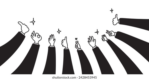 Applause hand draw, doodle clapping ovation. thumbs up gesture isolated on white background , vector illustration.