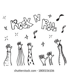Applause hand draw on white background with text rock n roll.vector illustration.
