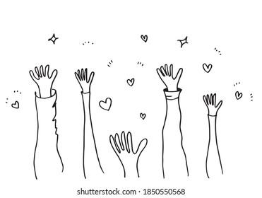 Applause hand draw on white background with heart symbol.vector illustration.