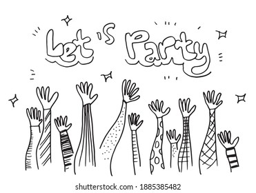 Applause hand draw on white background with let's party text.vector illustration.