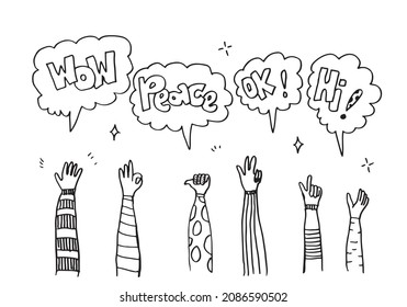 Applause hand draw on white background with wow, peace, ok, hi text.vector illustration.