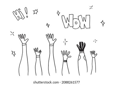 Aplausos dibujar a mano sobre el fondo blanco con la ilustración hi, wow.vector.