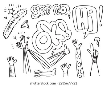 Aplausos dibujar a mano sobre fondo blanco con ok, hi, yes, no, felicitación text.vector ilustración.