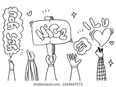 Applause hand draw on white background with hi, nice, yes you text.vector illustration.
