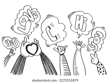 Applause hand draw on white background with yes, love, hi, you text.vector illustration.