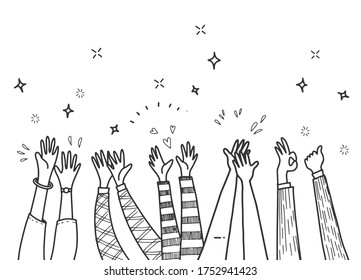 Applause, hand drawn of hands clapping ovation. applause, thumbs up gesture on doodle style , vector illustration 