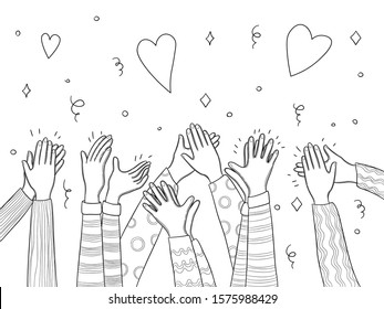 Applause hands. Crowd people handed applause fun vector sketch doodles collection