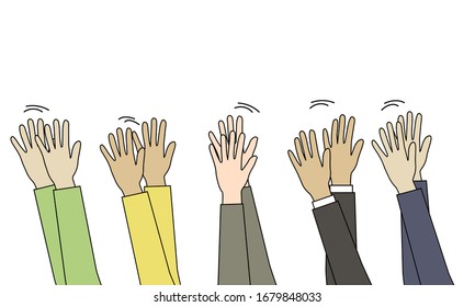 Beifall. Hände hoch von verschiedenen Typen in verschiedenen Farben, flacher Stil, Vektorillustration-Illustration einzeln auf weißem Hintergrund. Hände hoch von verschiedenen Typen in verschiedenen Farben, flacher Stil, Vektorillustration-Illustration 