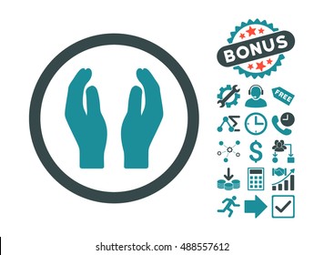 Applause Hands icon with bonus design elements. Vector illustration style is flat iconic bicolor symbols, soft blue colors, white background.
