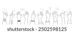 Applause hands set in doodle style. Human hands sketch, scribble arms raised in various gestures, including clapping, thumbs-up, and heart-finger symbols, on a white background, vector illustration