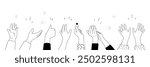 Applause hands set in doodle style. Human hands sketch with arms raised in gestures like clapping, thumbs-up and heart-finger symbols on a white background, vector illustration.