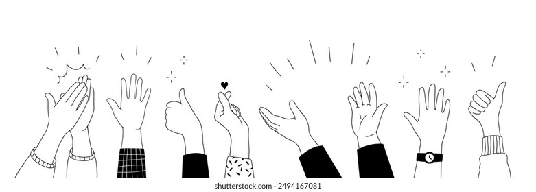 Applause hands set in doodle style. Human hands sketch with arms raised in gestures like clapping, thumbs-up and heart-finger symbols on a white background, vector illustration.