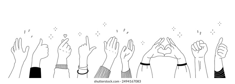 Applause hands set in doodle style. Human hands sketch with arms raised in gestures like clapping, thumbs-up and heart-finger symbols on a white background, vector illustration.