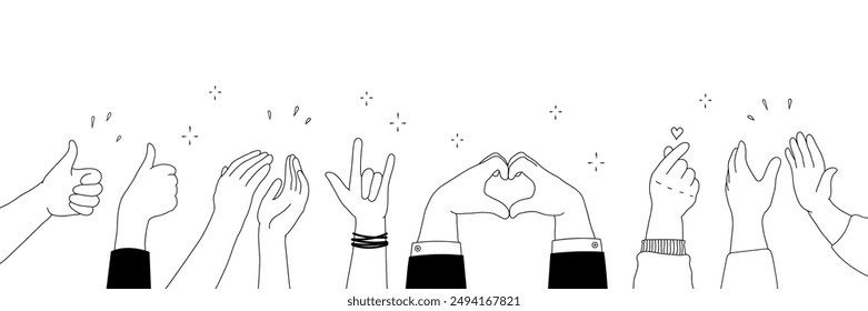 Applause hands set in doodle style. Human hands sketch with arms raised in gestures like clapping, thumbs-up and heart-finger symbols on a white background, vector illustration.