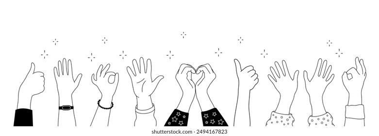 Applause hands set in doodle style. Human hands sketch with arms raised in gestures like clapping, thumbs-up and heart-finger symbols on a white background, vector illustration.