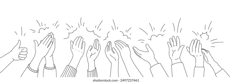 Applause hands set in doodle style. Human hands sketch, scribble arms raised clapping on a white background, featuring various hand positions and a thumb-up gesture silhouette, vector illustration.