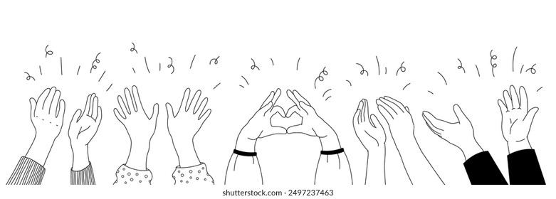 Applause hands set in doodle style. Human hands sketch, with arms raised in gestures like clapping and making heart shapes, on a white background. Vector illustration for celebratory themes.