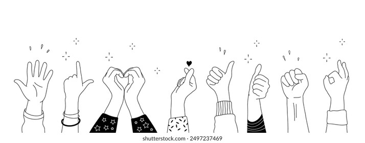 Applause hands set in doodle style. Human hands sketch with arms raised in gestures like clapping, thumbs-up and heart-finger symbols on a white background, vector illustration.