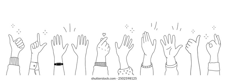 Applause hands set in doodle style. Human hands sketch, scribble arms raised in various gestures, including clapping, thumbs-up, and heart-finger symbols, on a white background, vector illustration