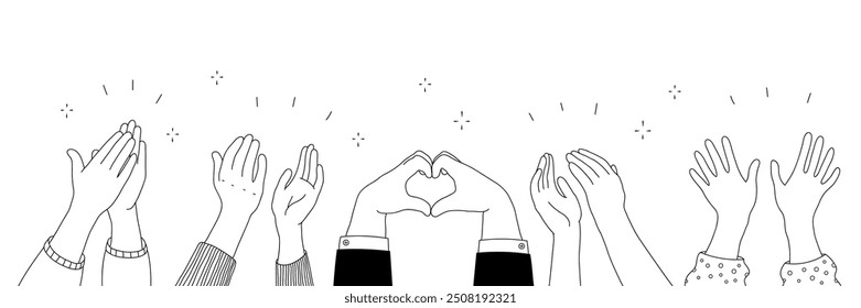 Manos de aplausos en estilo doodle. Bocetos de manos humanas con los brazos levantados en gestos como aplausos, manos de corazón y varios estilos de manga sobre un fondo blanco, ilustración para temas de celebración.