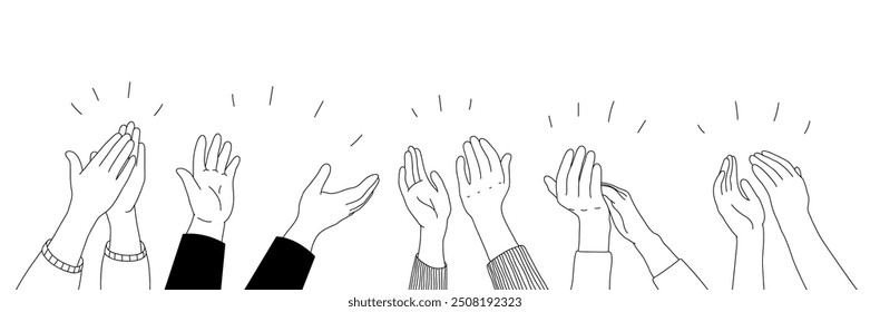 Applause hands set in doodle style. Human hands sketch, with arms raised in gestures like clapping, on a white background. Includes varied sleeve styles. Vector illustration for celebratory themes.