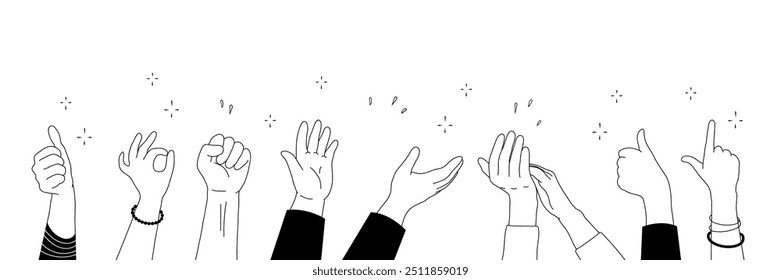 Applause hands set in doodle style. Human hands sketch, with arms raised in gestures like clapping and making heart shapes, on a white background. Vector illustration for celebratory themes