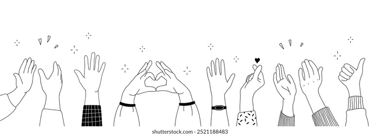 Manos de aplausos en estilo doodle. Las manos humanas dibujan con los brazos levantados en gestos como aplausos, pulgares hacia arriba y símbolos de corazón y dedos sobre un fondo blanco, Ilustración vectorial.