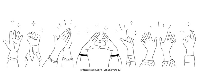 Applause hands set in doodle style. Human hands sketch, with arms raised in gestures like clapping and making heart shapes, on a white background. Vector illustration for celebratory themes