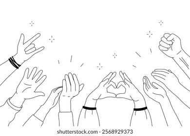 Applause hands set in doodle style. Human hands sketch, with arms raised in gestures like clapping and making heart shapes, on a white background. Vector illustration for celebratory themes