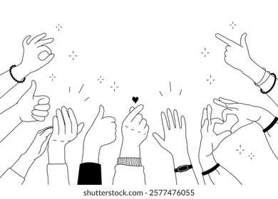 Applause hands set in doodle style. Human hands sketch, scribble arms raised clapping on a white background, featuring various hand positions and a thumb-up gesture silhouette, vector illustration