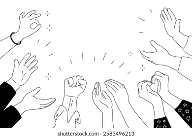 Applause hands set in doodle style. Human hands sketch, with arms raised in gestures like clapping and making heart shapes, on a white background. Vector illustration for celebratory themes