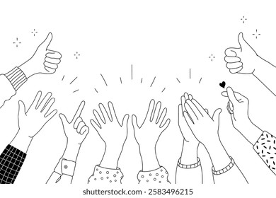 Applause hands set in doodle style. Human hands sketch, scribble arms raised clapping on a white background, featuring various hand positions and a thumb-up gesture silhouette, vector illustration.